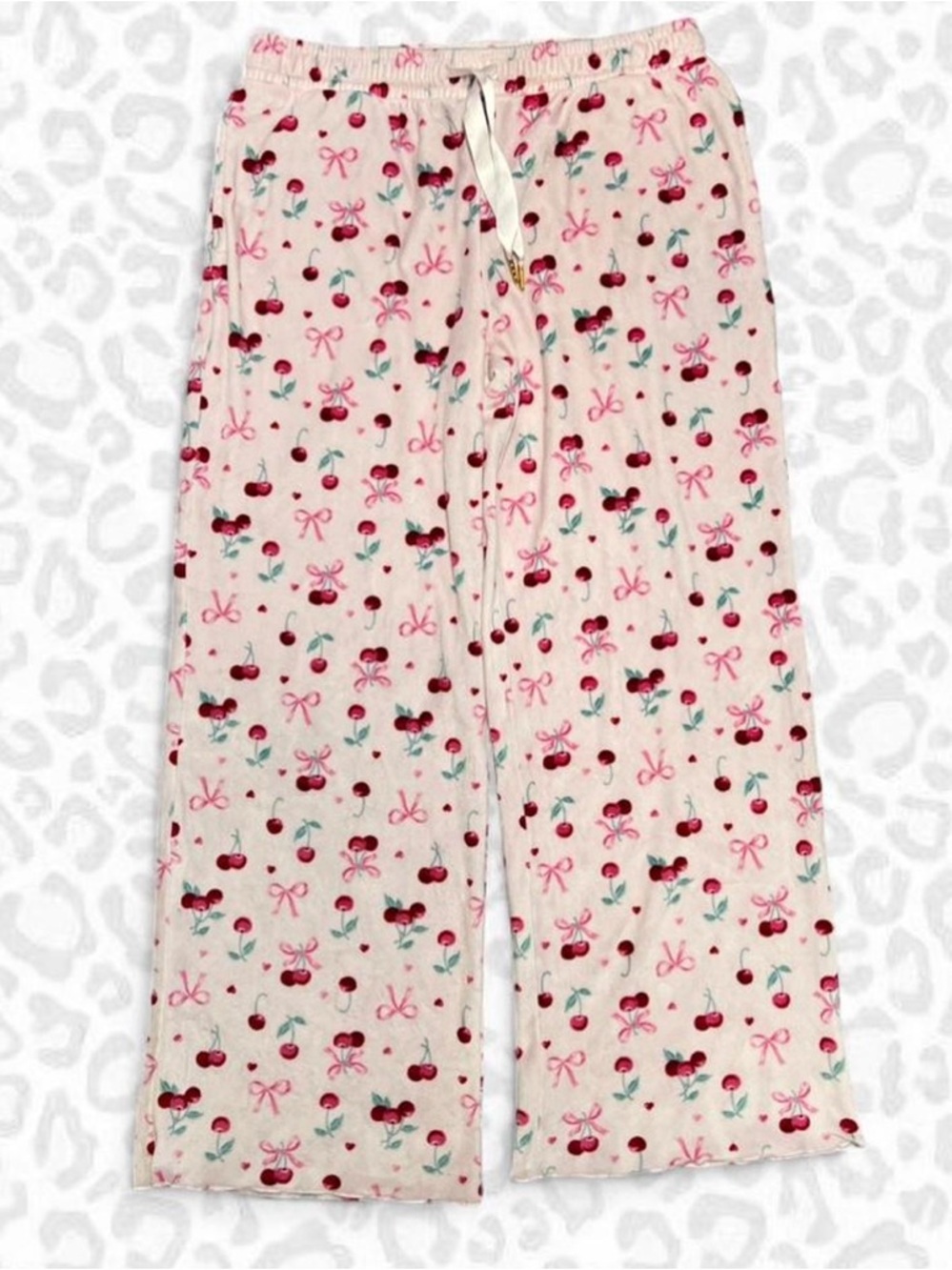 Pink Cherry & Bow Plush Pajama Pants – Super Soft Cozy Lounge – Size L